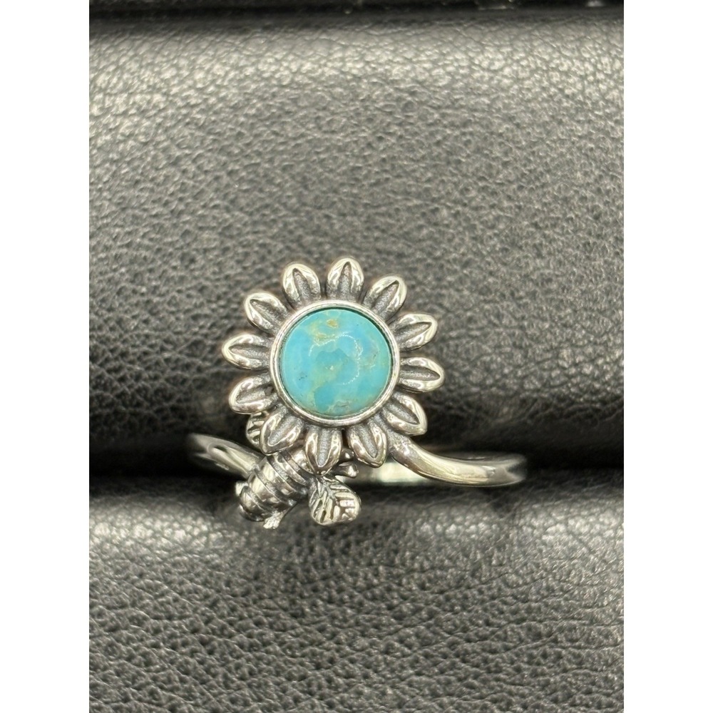 New Condition Sterling Silver Turquoise Flower Bee Ring Size 7 Adjustable H13